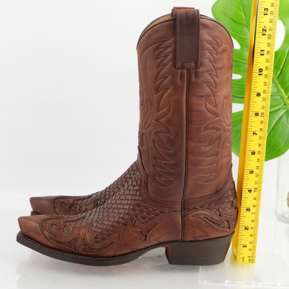 Sendra Mens Cowboy Boots Size 7 Brown Leather Embroidered Woven Snip Toe Western - Picture 8 of 16